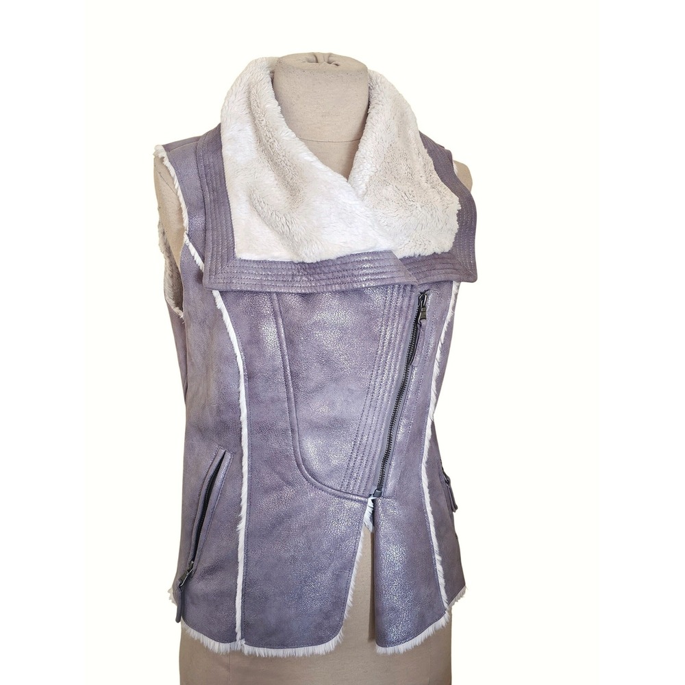 Guess Faux Leather Sherpa Lined Moto Vest Grey Silver Womens Size S